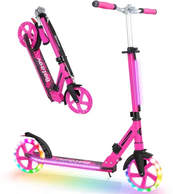 Imagen del producto de Patinete plegable para niños con manillar que se ilumina, 2 ruedas, 4 ajustes de altura, color rosa, para niños a partir de 6 años