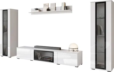 Produktbild von MIRJAN24 Wohnwand Caro, TV-Möbel, Große Anbauwand, Schrankwand, Wohnzimmer-Set (Farbe: Weiß / Weiß Hochglanz, ohne Beleuchtung)