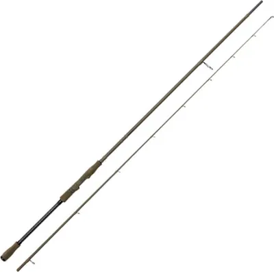 A fishing rod is laid out diagonally on a white background.
