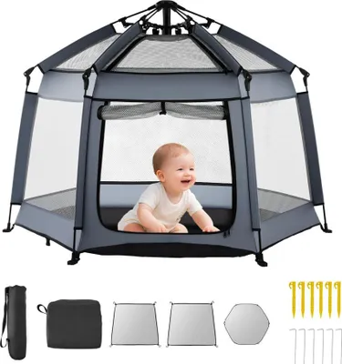 Produktbild von Baby Laufgitter 150x150x106 cm - Laufstall für Kleinkinder mit Baldachin und LSF 50+ Sonnenschutz - tragbarer, faltbarer Spielplatz & Spielstall mit Reisetasche für Zuhause, Park, Strand - leicht und praktisch