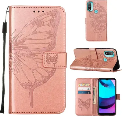 Produktbild von Moto E20 Hülle, Schmetterling Prägung Flip Leder Kartenfächer Schutzhülle Ledertasche mit Ständer für Motorola Moto E20 / E30 / E40 Roségold