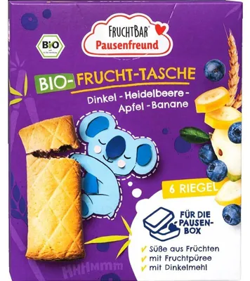 Productafbeelding van FruchtBar biologische fruitreep: Dinkel, blauwe bes, appel, banaan. Snackreep, banaan smaak, 132 g, lactosevrij, 1584 kJ, 376 kcal