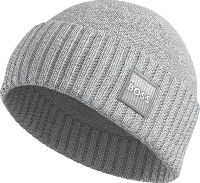 A close-up studio shot of a gray beanie hat.