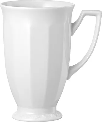 A white ceramic mug with a handle and a footed base, shown against a white background.