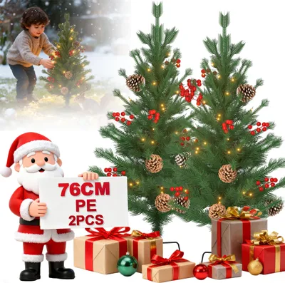 Obrázok produktu pre LZQ 2x Mini vianočný stromček 76 cm PE | 30 LED, šišky a červené bobule, zemný bodec | Malá dekorácia na stôl, komodu - typ C