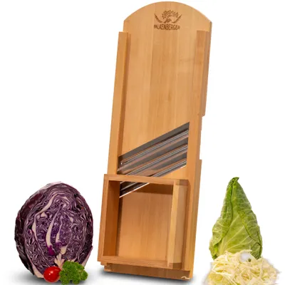 Produktbild von FALKENBERGER Krauthobel L massive Buche, Maße 56 × 19 × 3,5 cm Handgefertigt, Europe. Mit Holzschlitten und drei Edelstahlklingen für größere Krautmengen