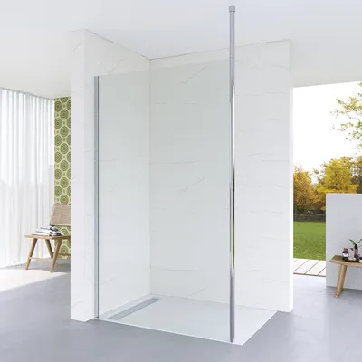 Produktbild von Walk in Duschwand 110x200cm Duschabtrennung mit Verstellbereich Sicherheitsglas barrierefreie Walk in Dusche für Duschwanne 8mm Klarglas mit Nano Beschichtung mit Deckenstütze