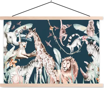 Produktbild von MuchoWow® Textilposter Wasserfarben - Tiere - Elefant - Flamingo - Jungen - Blau - Kinder - Kinder 120x80 cm mit holzfarbenen Rahmen - Aufhängeset