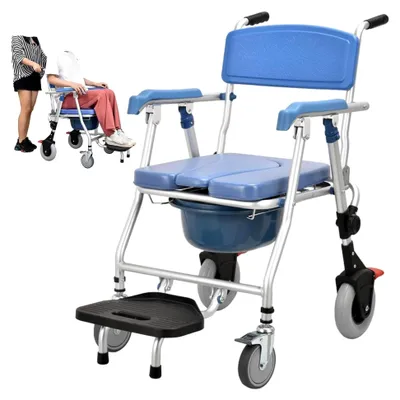 Produktbild von Toilettenstuhl mit Rollen für Senioren, fahrbar mit Urineimer, klappbar, bis 150 kg, Duschstuhl