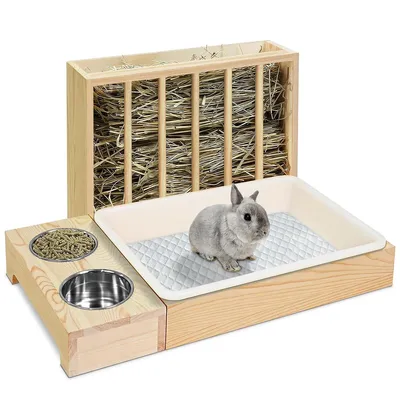 Produktbild von Multifunktionaler Kleintierhalter Heufutterspender Katzentoilette 2 Näpfe Stecksystem Kompakt Für Kaninchen Meerschweinchen