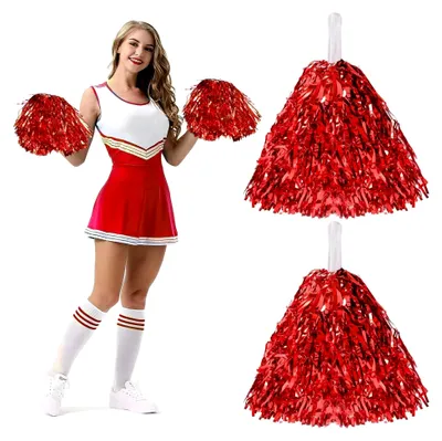 Produktbild von 2 Cheerleader Pom-Poms, Folien Pom-Poms mit Griff für Sport und Feiern (rot)