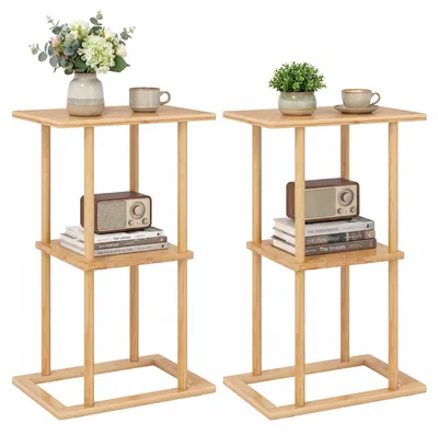 Image de COSTWAY Lot de 2 tables d'appoint, tables de chevet en bambou, table basse rectangulaire avec étagères de rangement, table basse moderne pour petits espaces, naturel