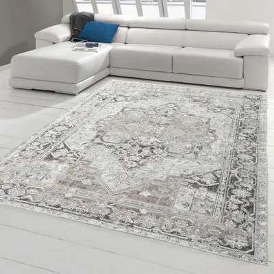 Produktbild von Klassischer Teppich mit orientalischen Verzierungen & Ornamenten in creme grau Größe - 80 x 150 cm