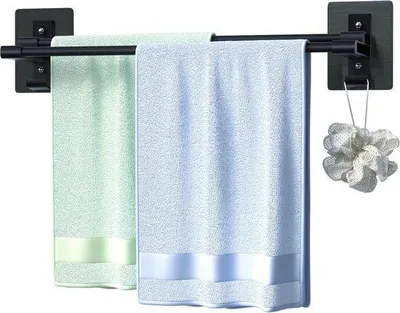 Zdjęcie produktu dla Unyqoos® Wieszak na ręczniki ścienny, dwuwarstwowy, montowany bez wiercenia, wykonany z aluminium i stali nierdzewnej, matowy czarny, 40 cm, samoprzylepny, z 2 haczykami
