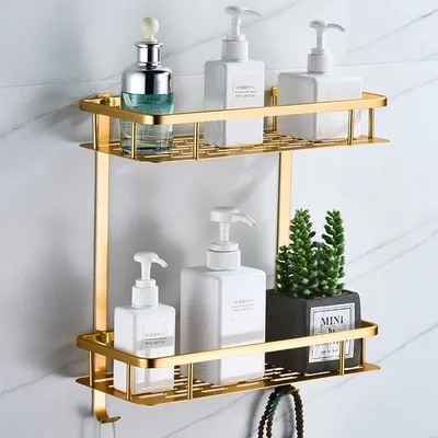 Produktbild von Badezimmerregale ohne Bohren, quadratisches Duschregal Wandregal im Badezimmer, Badezimmer Organizer Aluminium Duschkorb mit 2 Haken (2 Stück, Champag