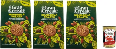 Produktbild von Gran Cereale, Biscotti con Mandorla Salata e Cioccolato Fondente con Fave dell'Ecuador, Kekse mit Gesalzener Mandel und dunkle Schokolade 3x 280g + Italian Gourmet polpa 400g