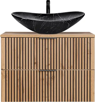 Produktbild von Waschtisch schwarz gerillt 80 cm Waschbeckenunterschrank mit Keramik Waschbecken XANTEN-56 in anthrazit mit Eiche Nb., B/H/T: ca. 80,6/73,7/46,5 cm