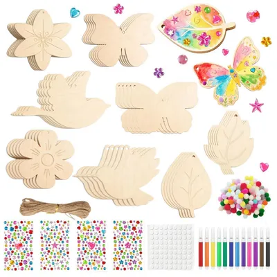 Image de Kit de loisirs créatifs pour enfants : 40 pièces en bois à décorer (papillons, oiseaux, fleurs) avec des crayons aquarelle et des paillettes, à partir de 4 ans