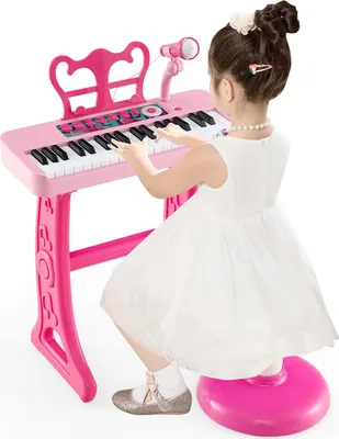 Produktbild von Kinder Keyboard, 37 Tasten E-Piano mit Notenständer & Mikrofon & Hocker, Klavier Spielzeug für Kinder ab 3 Jahren, Belastbar bis 50kg (Rosa)