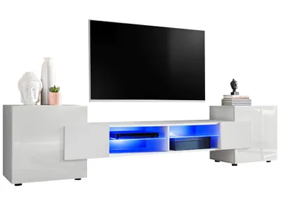 Obrázek produktu pro Extreme Furniture Bridge Tv Skříňka | Skříňka Do Obývacího Pokoje Se 2 Skleněnými Policemi A 2 Dvířky Bílý Korpus A Bílá Čela