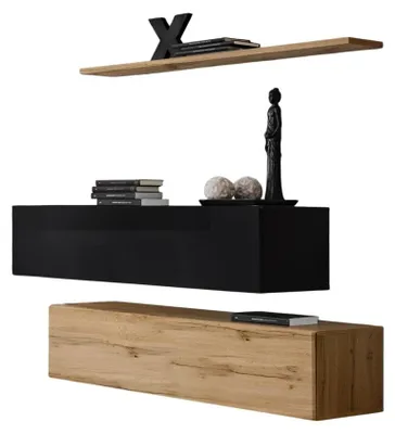 Image de Composition murale SWITCH SBII – Meubles de rangement et étagère – Chêne Wotan et noir brillant – Design moderne