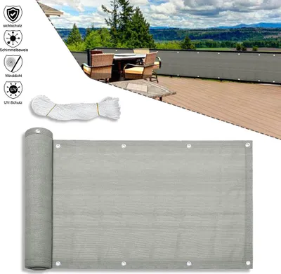 Produktbild von Izrielar Balkonsichtschutz aus HDPE (180g/m2), 75x600cm, Balkonabdeckung mit Ösen, Schattiergewebe, UV-Schutz, Windschutz, Reißfeste, Grau, für Garten, Terrasse, Außenpool