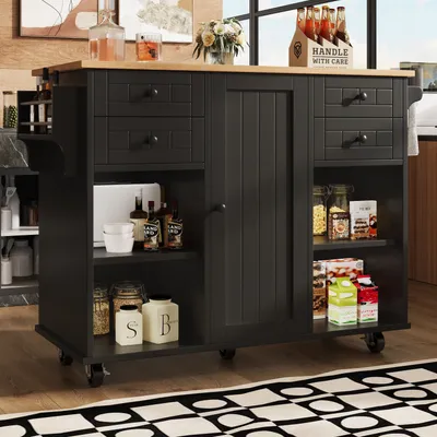 Image de MODFU Îlot de Cuisine - Desserte de Cuisine avec Rangements et Portes, Meuble Cuisine Multifonction en MDF et Métal, 127×46×91,5 cm, Noir
