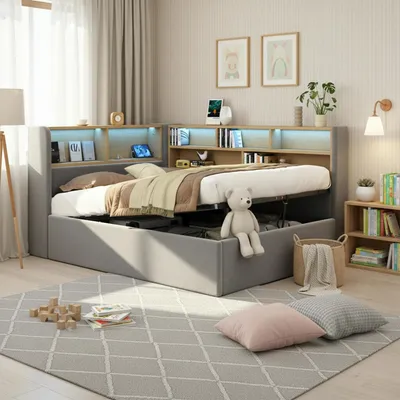 Image de OKWISH Lit Banquette 90x200 cm - Lit Coffre Simple avec Éclairage LED - Port USB - Sans Matelas - en Velours - Gris