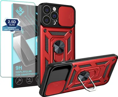 Produktbild von Armor Handyhülle für Apple iPhone 13 Pro Max mit 9H Displayglas Displayschutz Kameraschutz Handy Panzer Case Cover Schutzhülle Outdoor Farbe: Rot