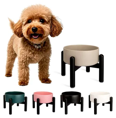 Produktbild von Erhöhter Futternapf für Hunde aus Keramik - Fressnapf mit Edelstahlständer - Für kleine und mittelgroße Hunde - 15,5 cm Durchmesser - 850 ml - Grau