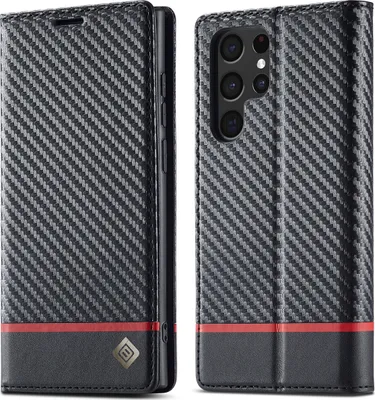 Produktbild von Hülle für Samsung Galaxy S22 Ultra 5G Kohlefaser Leder Brieftasche Schutzhülle mit Standfunktion Schwarz Horizontal Rot