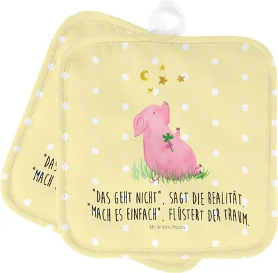 Produktbild von Mr. & Mrs. Panda Topflappen Schwein Glück - Gelb Pastell - Geschenk, Set, Lustige Sprüche, Topfuntersetzer, Glücksbringer, Träume, Sterne, topfhalter, Kochlappen, Ziele