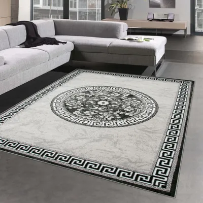 A living room scene with a sectional sofa and a rug.