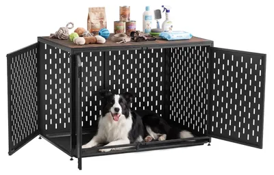 Zdjęcie produktu dla Klatka dla psa VEVOR, mebel 1070x695x750 mm, odpowiednia dla małych i średnich psów, dekoracyjny stolik pomocniczy ze stali z 3 drzwiczkami, wyjmowana miska i zabezpieczenia przed ucieczką