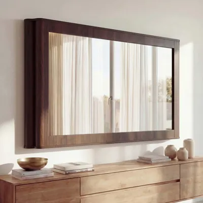 Image de Miroir HWC-P42, miroir mural, miroir de vestiaire, miroir de couloir, MDF et verre, 80 x 120 x 10 cm ~ aspect noyer