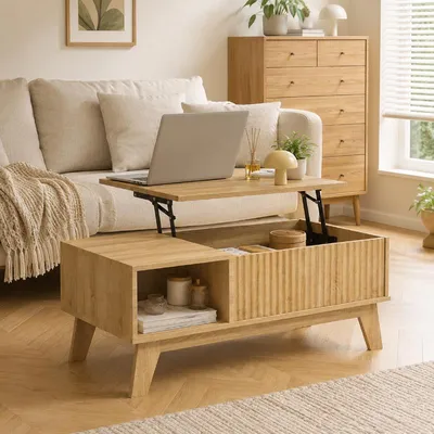 Produktbild von ProximaX Hšhenverstellbarer Wohnzimmertisch 95 cm Eiche Optik Couchtisch mit Stauraum Wellenmuster