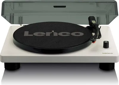 A white Lenco turntable with a black platter and a gray dust cover.