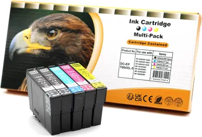 A multi-pack of ink cartridges and their packaging are displayed.