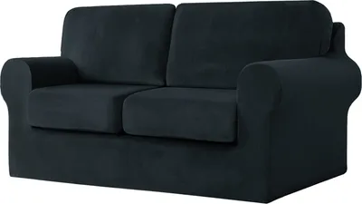 Produktbild von 2-Sitzer-Sofabezug mit 2 separaten Kissen und 2 Rückenlehnenbezügen, 5-teiliger Stretch-Sofabezug, Ersatz-Möbelschutz (Loveseat, Schwarz)