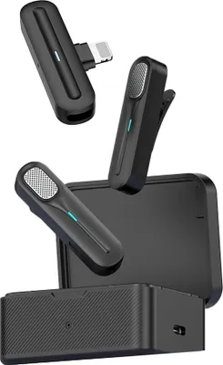 Produktbild von 2,4 GHz kabelloses Lavalier-Mikrofonsystem, Ansteckmikrofon, 20 m uebertragungsreichweite, Rauschunterdrueckung, mit Empfaenger + 2 Sendern + Ladebox + 1 Adapterkabel, kompatibel mit iPhone, Smartphones, Tablets, Computern fuer YouTube/Interview/Vlog/Vedio/Live-Streaming