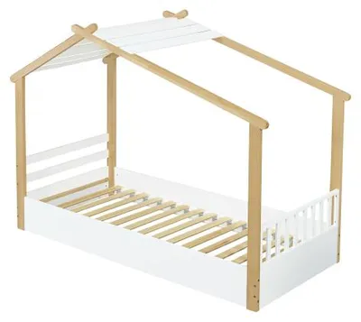 Produktbild von Kinderbett Hausbett 90x200 cm Ohne Matratze Weiss Natur Holz Lattenrost Schlichtes Design Kiefer MDF