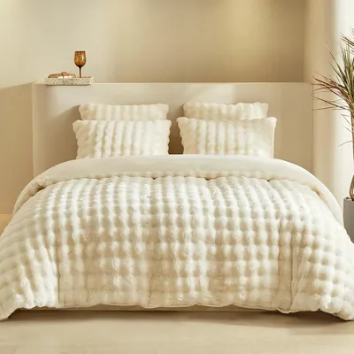 Productafbeelding van TRANKIELO® - Pluche dekbedovertrek 240x220 cm - Warm winterbeddengoed, 2 kussenslopen 65x65 cm, beige