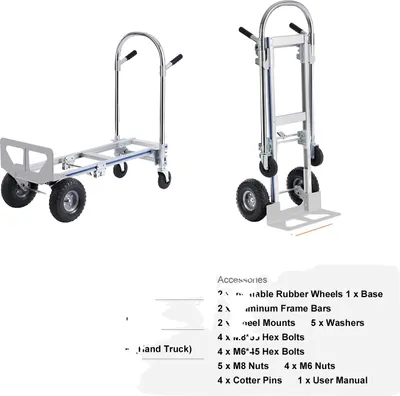 Immagine prodotto di Carrello manuale pieghevole, capacità di carico 800/1000 lbs, robusto telaio in alluminio, 800 lbs