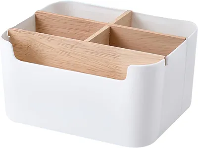 Imagen del producto de Organizador de escritorio de madera, con 5 compartimentos, color blanco, multifuncional, ideal para oficina y baño