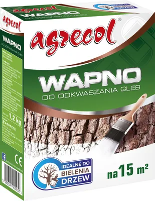 A product box for lime for deacidifying soil and whitening trees, showing a brush applying white paint to tree bark.