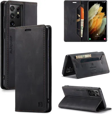 Produktbild von Samsung Galaxy S21 Ultra 5G Brieftasche Hülle, Retro Kunstledertasche Stand Schutzhülle für Samsung Galaxy S21 Ultra 5G Schwarz