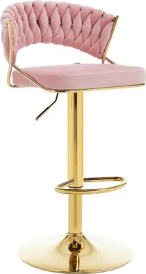 A pink velvet bar stool with a gold base and adjustable height.