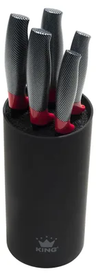 Produktbild von 6tlg. Messerblockset KING® CARBON RED LINE Edelstahl beschichtete Klingen mit Riffelstruktur plus Messerblock / Größen: 20cm Kochmesser, 20cm Ausbeinmesser, 20cm Brotmesser, 12.5cm Universalmesser & 8.5cm Gemüsemesser