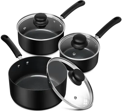 Produktbild von MICHELANGELO Stielkasserollen-Set, 1 l, 2 l, 2,8 l, Keramik-Antihaftbeschichtung, Schwarz