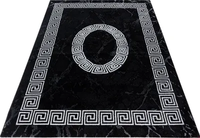 A black rug with a white Greek key border and a circular Greek key pattern in the center, set against a white background.